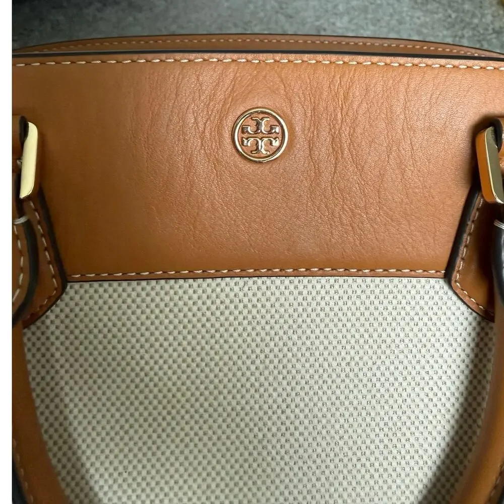 Tory Burch Canvas & Leather Tote Bag with 2 Interchangeable Straps Neutral Tan